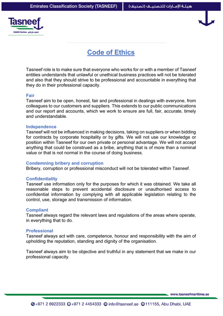 Code Of Ethics TASNEEF Maritime Services